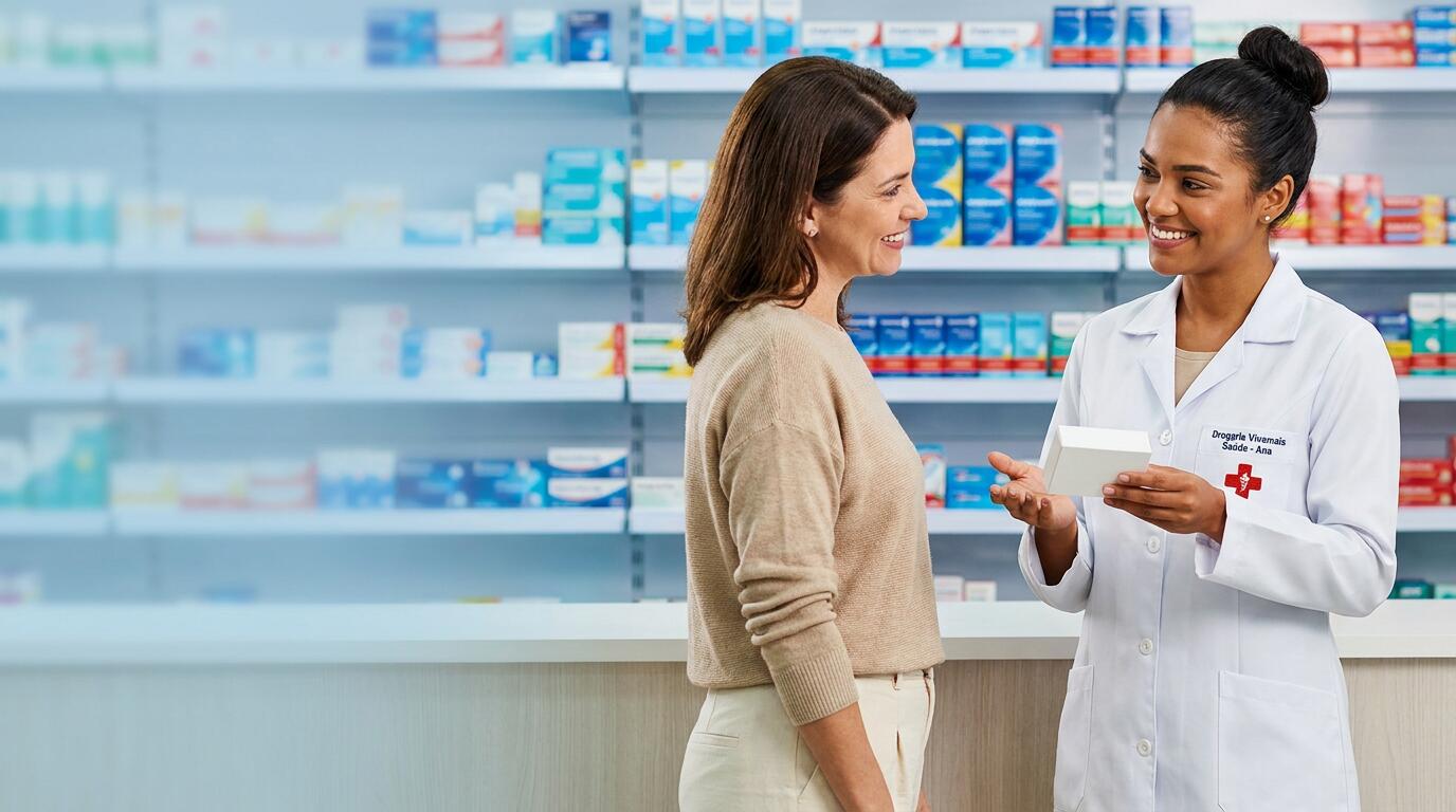 Farmacêutica profissional atendendo cliente com orientação sobre medicamentos na Drogaria Viva Mais Saúde